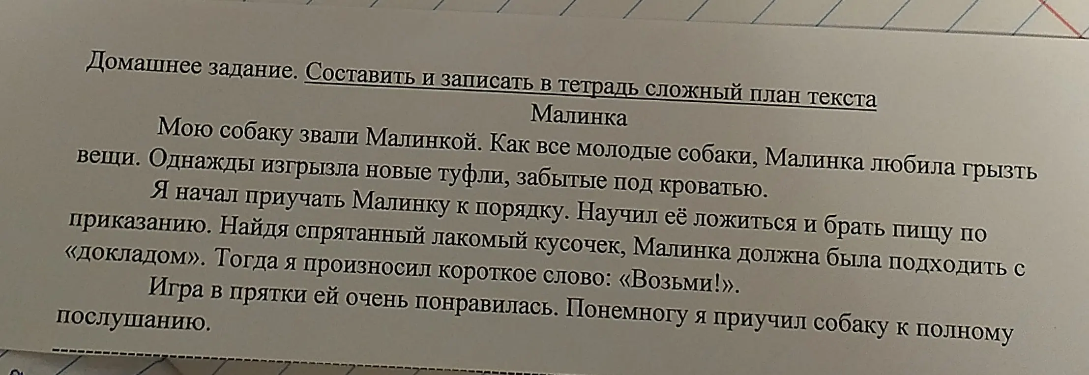 Составь и запиши сложный план текста "Малинка".