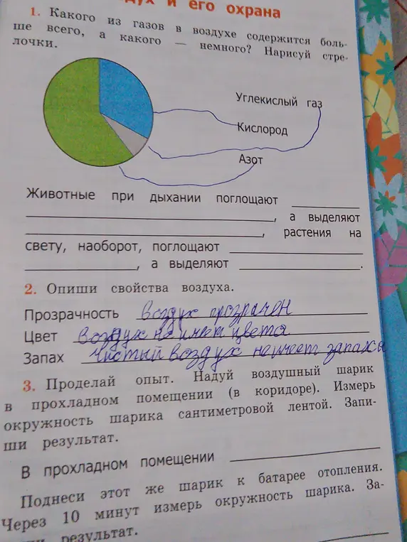 Определи, какого газа больше всего в воздухе, а какого меньше всего. Опиши свойства воздуха.