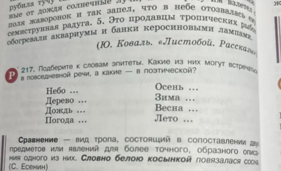 Подбери к словам эпитеты и определи, какие из них могут встречаться в повседневной речи, а какие — в поэтической.