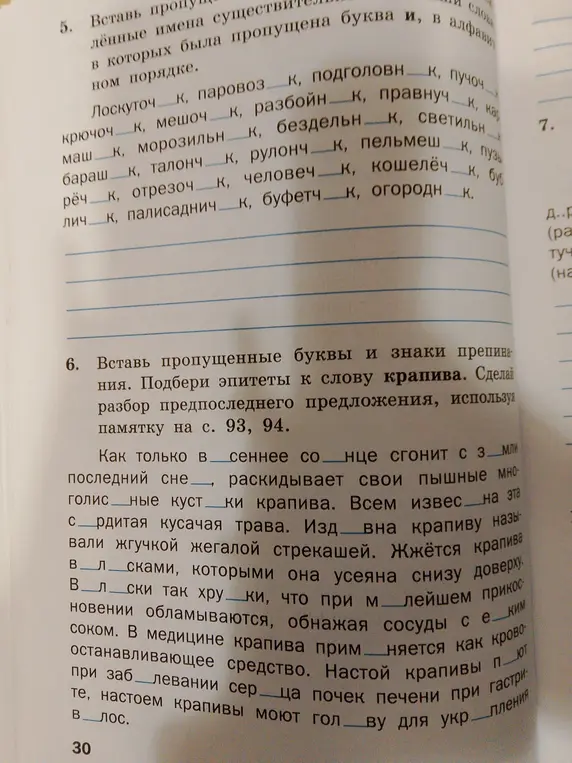 Вставь пропущенные буквы и знаки препинания, подбери эпитеты к слову крапива и сделай разбор предпоследнего предложения.