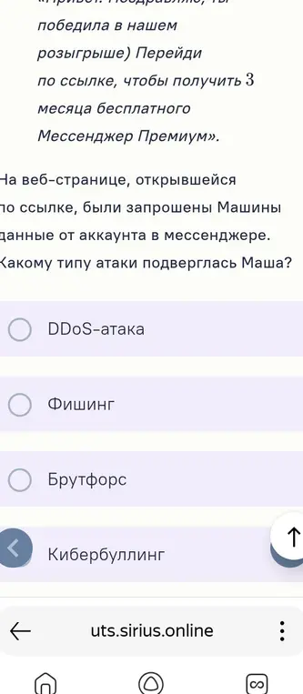 Определи, какому типу атаки подверглась Маша, если на веб-странице, открывшейся по ссылке, были запрошены данные от аккаунта в мессенджере.
