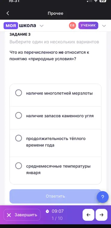 Что из перечисленного не относится к понятию «природные условия»?