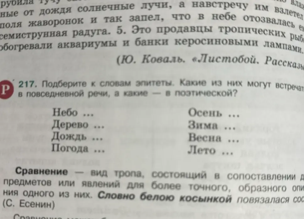 Подбери к словам эпитеты и определи, какие из них могут встречаться в повседневной речи, а какие — в поэтической.