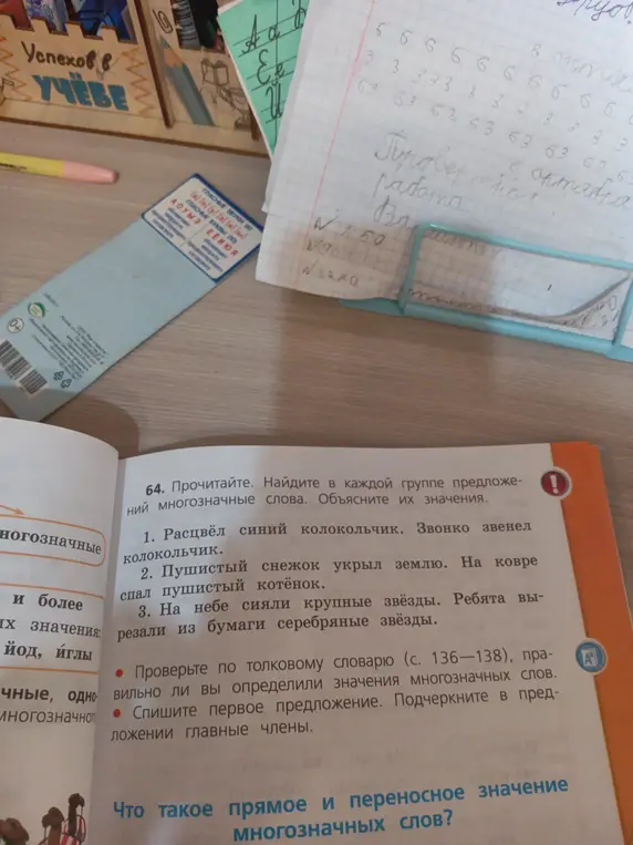 Прочитай текст. Найди многозначные слова и объясни их значения. Спиши первое предложение и подчеркни главные члены.