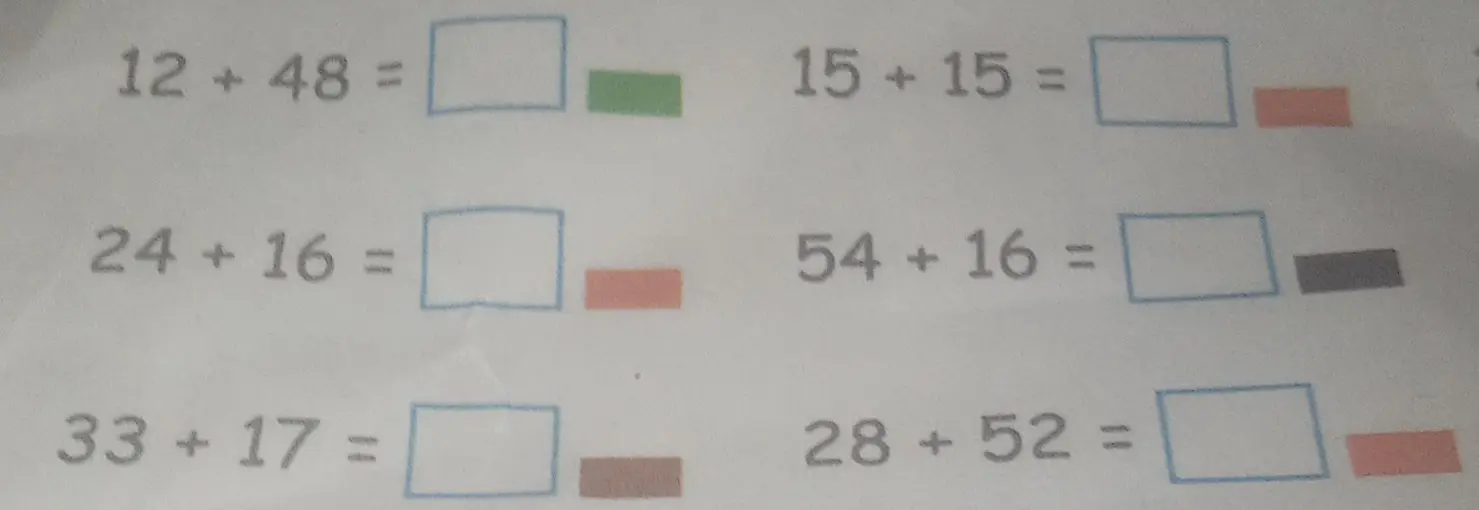 Реши примеры на сложение: 12 + 48 =, 15 + 15 =, 24 + 16 =, 54 + 16 =, 33 + 17 =, 28 + 52 =