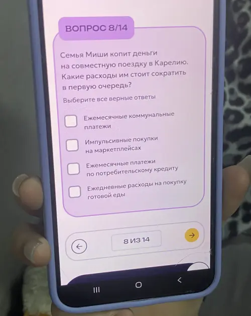 Определи, какие расходы семье Миши стоит сократить в первую очередь, если они копят деньги на поездку в Карелию.