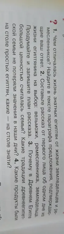 Ответь на вопросы по истории Древнего Египта: о различиях в жизни, ценности семьи и продуктах питания.