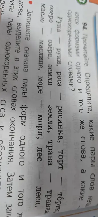 Прочитай и определи, какие пары слов являются формами одного и того же слова, а какие однокоренными словами.