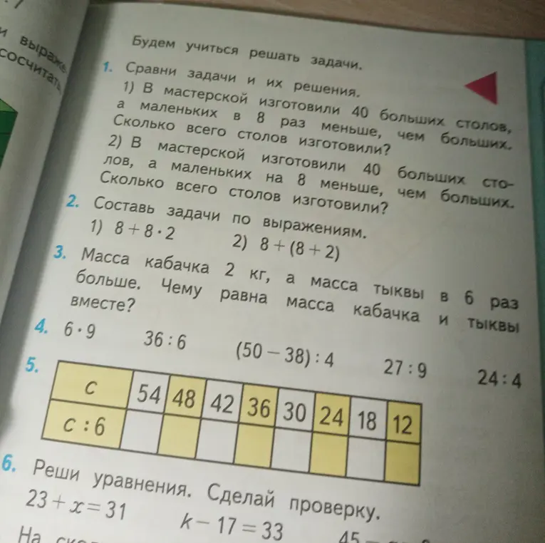 Сравни задачи и их решения. 1) В мастерской изготовили 40 больших столов, а маленьких в 8 раз меньше, чем больших. Сколько всего столов изготовили?