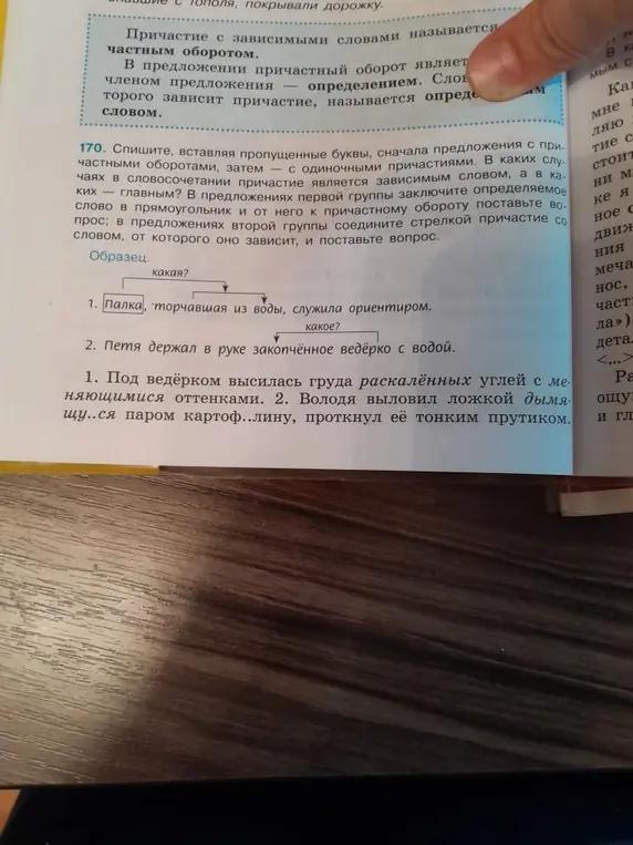 Спиши, вставляя пропущенные буквы, сначала предложения с причастными оборотами, затем — с одиночными причастиями.