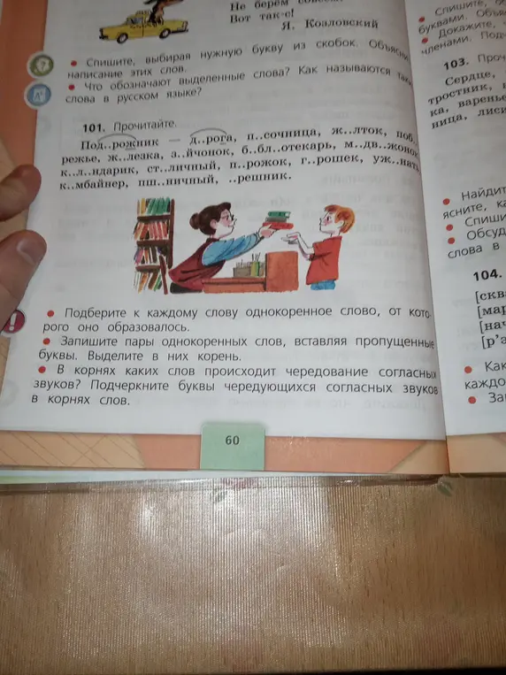 Выполни упражнение 101: спиши, вставляя пропущенные буквы, подбери однокоренные слова, вставь пропущенные буквы и выдели корень, укажи слова с чередованием согласных.