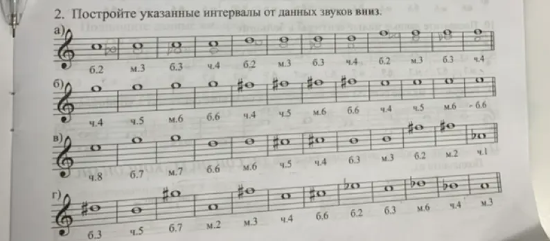 Построй указанные интервалы от данных звуков вниз.