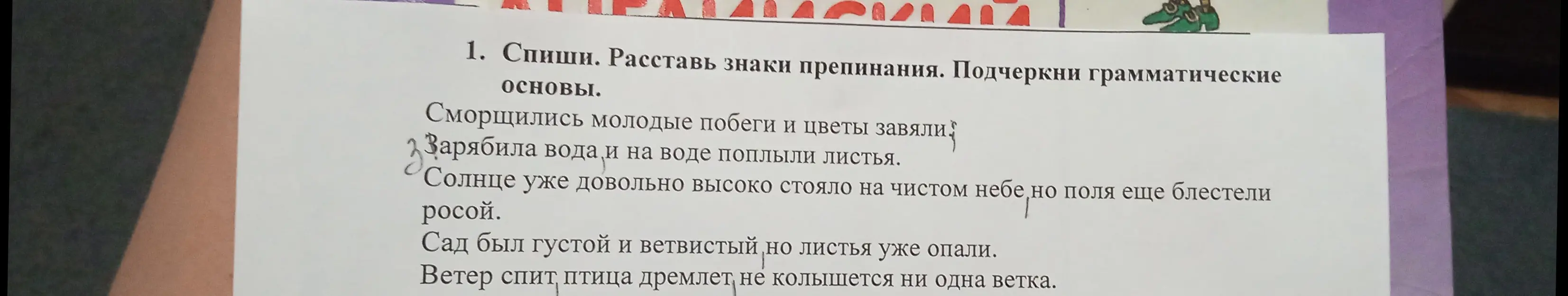 Спиши, расставь знаки препинания и подчеркни грамматические основы в тексте.