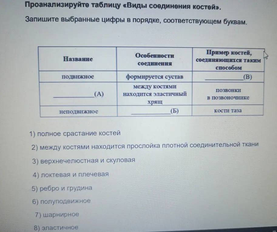 Проанализируй таблицу «Виды соединения костей» и запиши выбранные цифры в порядке, соответствующем буквам.