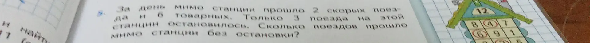 Вычисли, сколько поездов прошло мимо станции без остановки, если за день мимо станции прошло 2 скорых поезда и 6 товарных и только 3 поезда на этой станции остановилось.