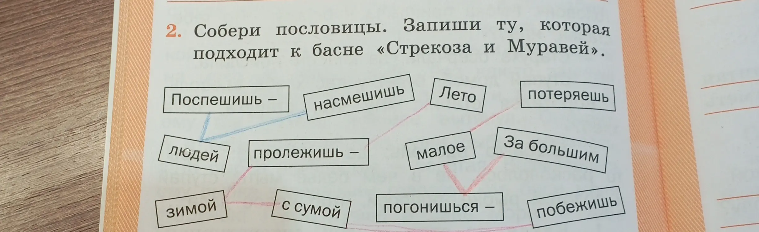 Собери пословицы и запиши ту, которая подходит к басне «Стрекоза и Муравей».
