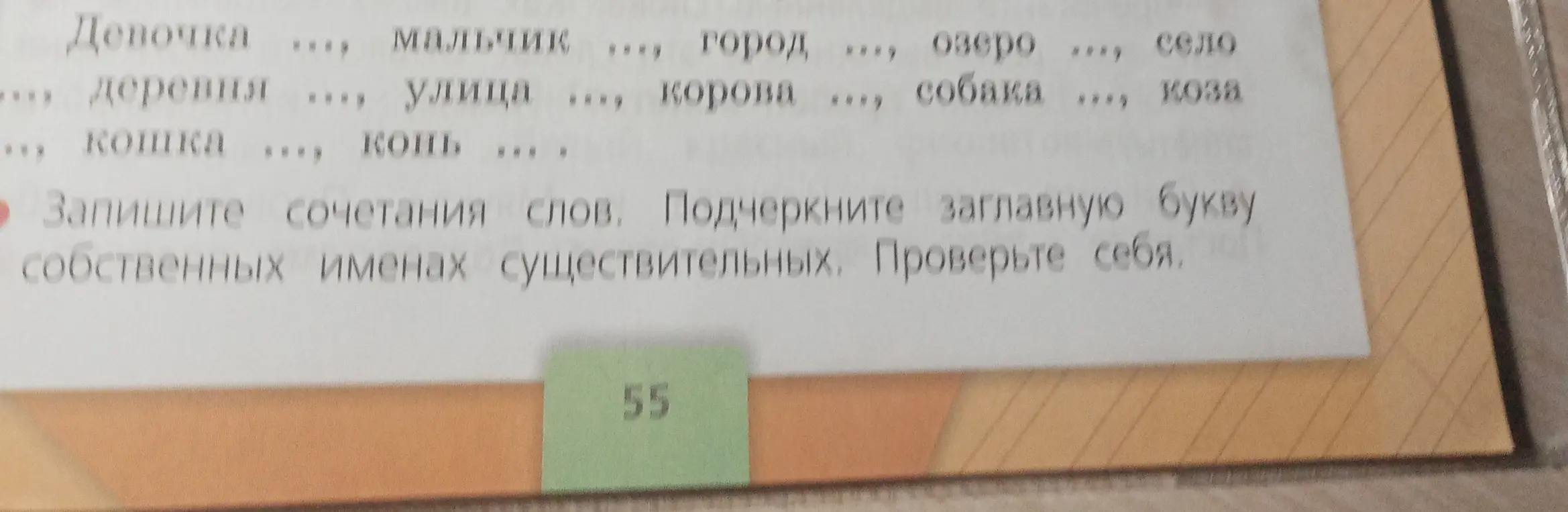 Запиши сочетания слов и подчеркни заглавную букву собственных имён существительных.