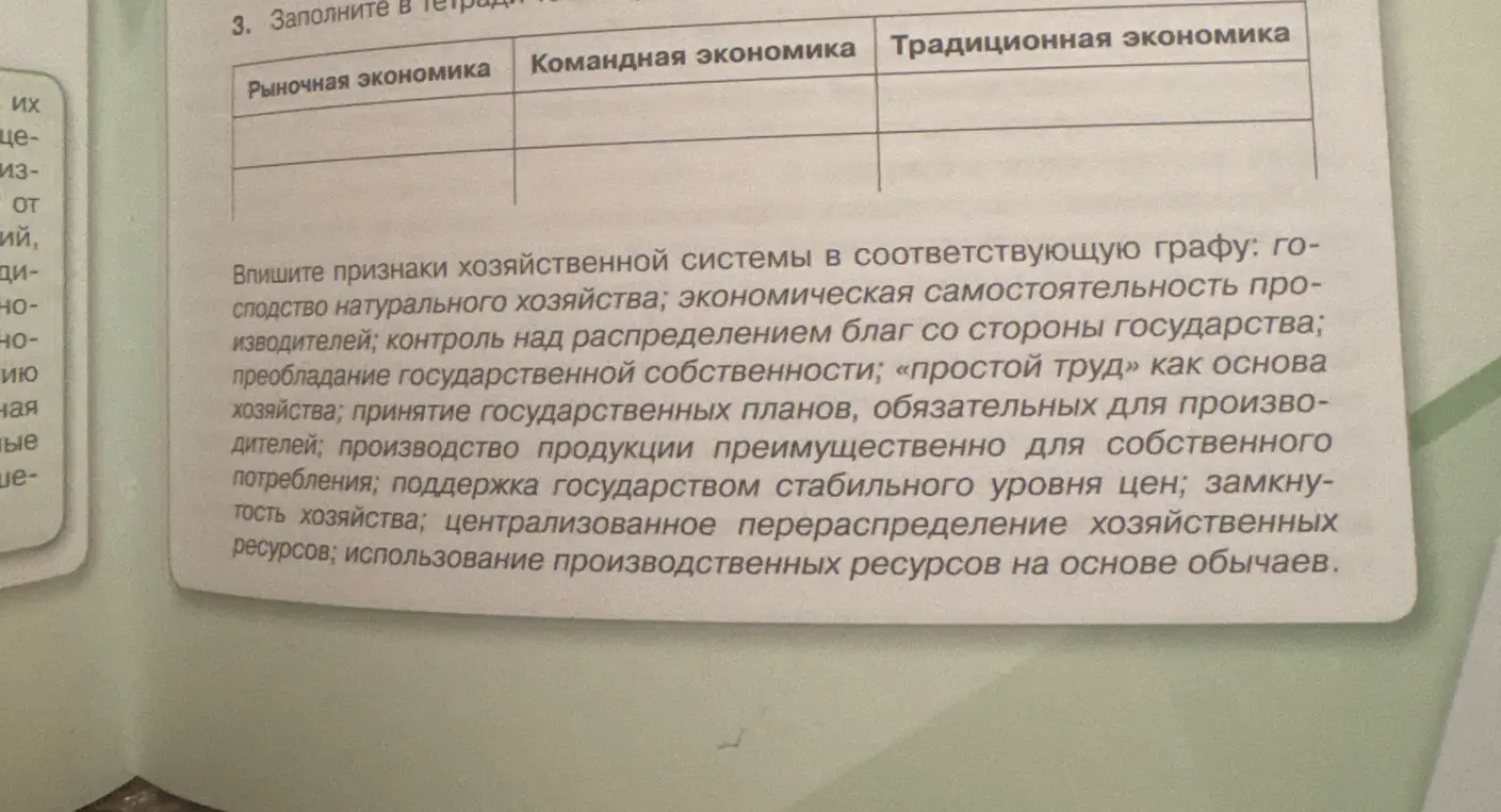 Впиши признаки хозяйственной системы в соответствующую графу: господство натурального хозяйства; экономическая самостоятельность производителей; контроль над распределением благ со стороны государства; преобладание государственной собственности; «простой труд» как основа хозяйства; принятие государственных планов, обязательных для производителей; производство продукции преимущественно для собственного потребления; поддержка государством стабильного уровня цен; замкнутость хозяйства; централизованное перераспределение хозяйственных ресурсов; использование производственных ресурсов на основе обычаев.