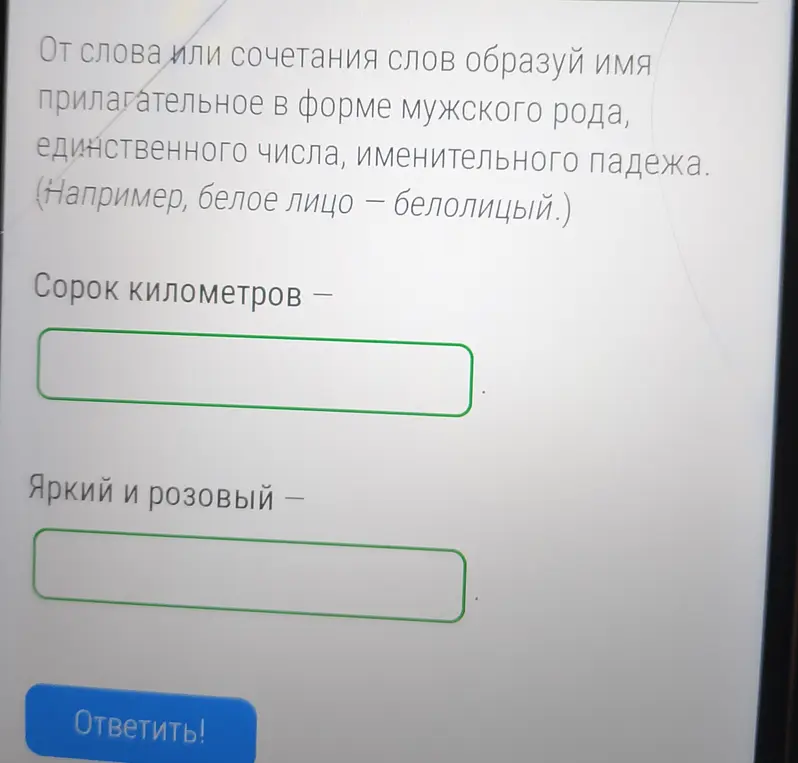 От слова или сочетания слов образуй имя прилагательное в форме мужского рода, единственного числа, именительного падежа.