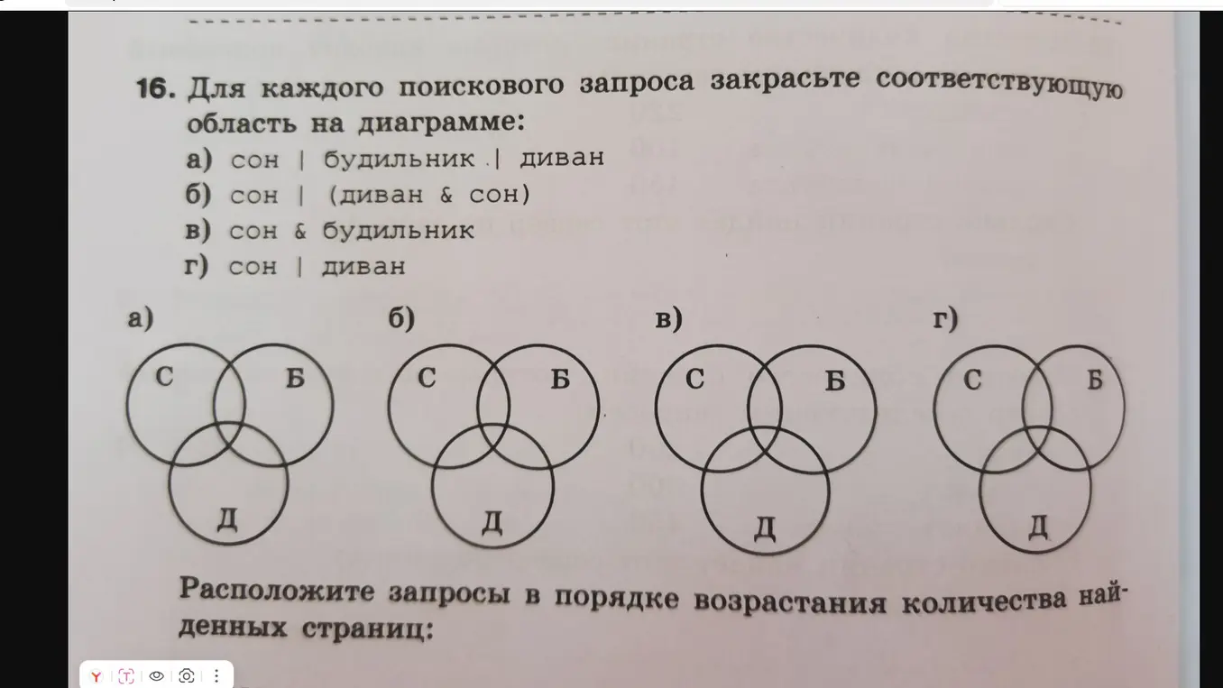Для каждого поискового запроса закрась соответствующую область на диаграмме.