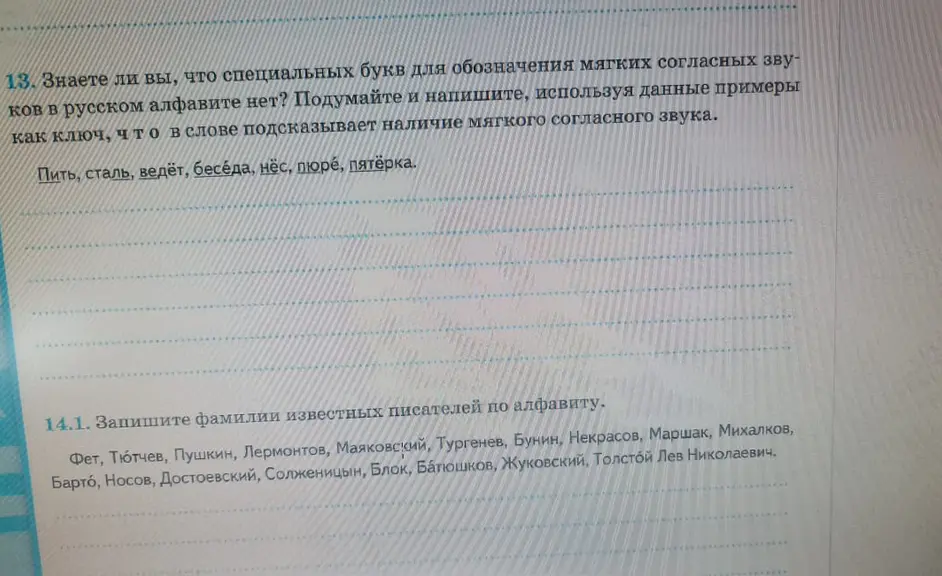 Ответь на вопросы: знаешь ли ты, что специальных букв для обозначения мягких согласных звуков в русском алфавите нет? Запиши фамилии известных писателей по алфавиту.