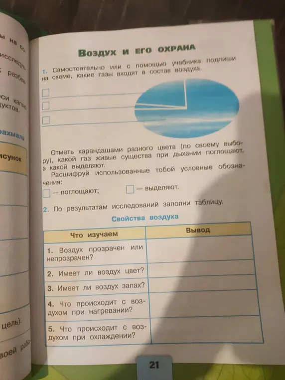 Самостоятельно или с помощью учебника подпиши на схеме, какие газы входят в состав воздуха и по результатам исследований заполни таблицу.