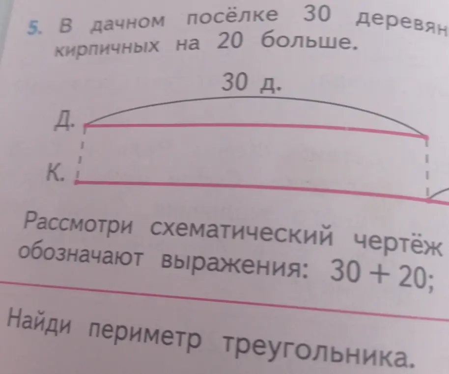 Вычисли периметр треугольника по чертежу, если в дачном посёлке 30 деревянных домов, а кирпичных на 20 больше.