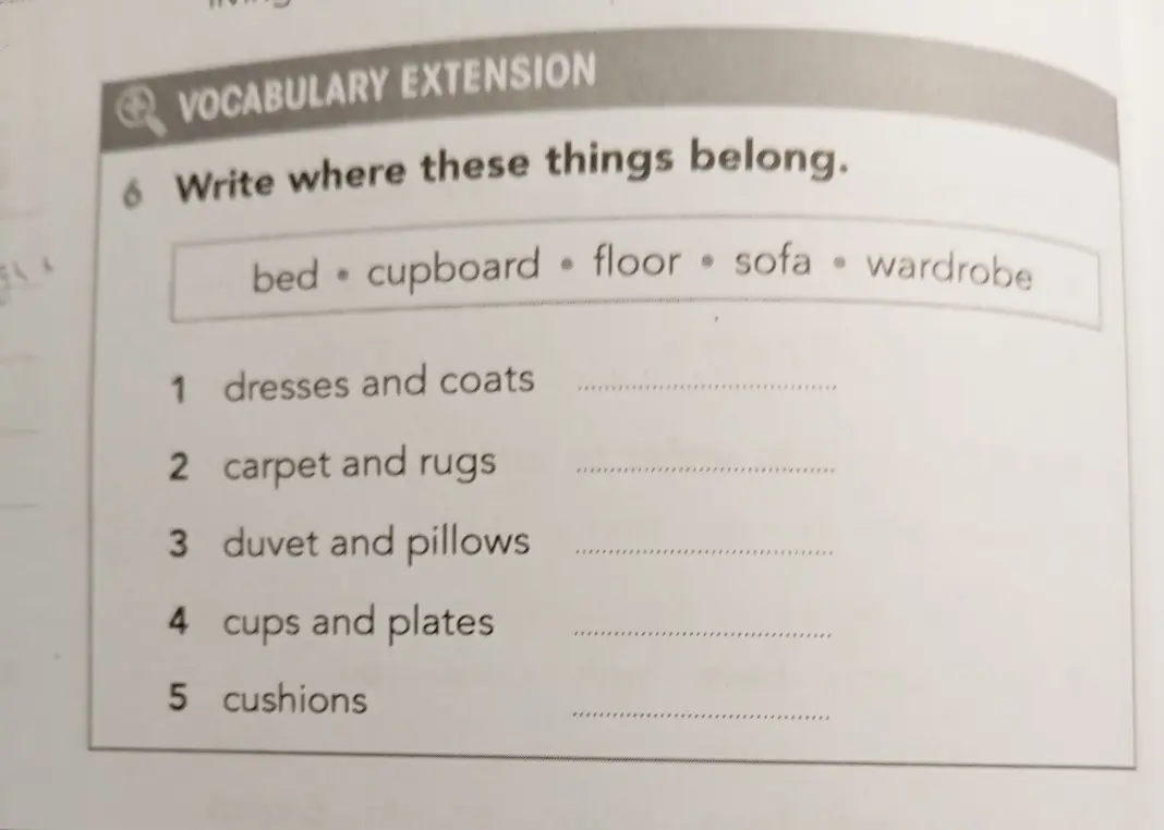 Напиши, где находятся эти вещи: dresses and coats, carpet and rugs, duvet and pillows, cups and plates, cushions.