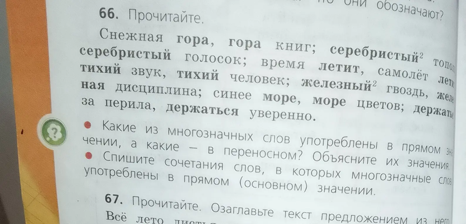 Определи, какие из многозначных слов употреблены в прямом значении, а какие — в переносном. Объясни их значения. Спиши сочетания слов, в которых многозначные слова употреблены в прямом (основном) значении.