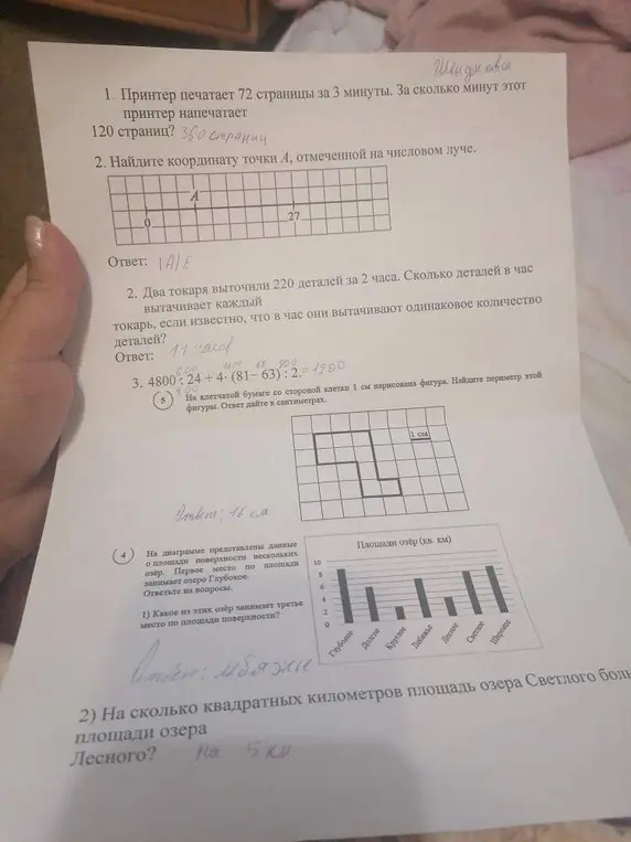 Реши задачи: 1. Принтер печатает 72 страницы за 3 минуты. За сколько минут этот принтер напечатает 120 страниц? 2. Найди координату точки А, отмеченной на числовом луче. 3. Два токаря выточили 220 деталей за 2 часа. Сколько деталей в час вытачивает каждый токарь, если известно, что в час они вытачивают одинаковое количество деталей? 4. Вычисли: 4800:24 + 4 - (81 - 63) : 2 = ? 5. На клетчатой бумаге со стороной клетки 1 см нарисована фигура. Найди периметр этой фигуры. Ответ дайте в сантиметрах. 6. На диаграмме представлены данные о площади поверхности нескольких озёр. Первое место по площади занимает озеро Глубокое. 1) Какое из этих озёр занимает третье место по площади поверхности? 2) На сколько квадратных километров площадь озера Светлого больше площади озера Лесного?