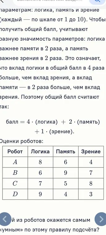 Определи, кто из роботов окажется самым «умным» по правилу подсчёта: балл = 4 * (логика) + 2 * (память) + 1 * (зрение).