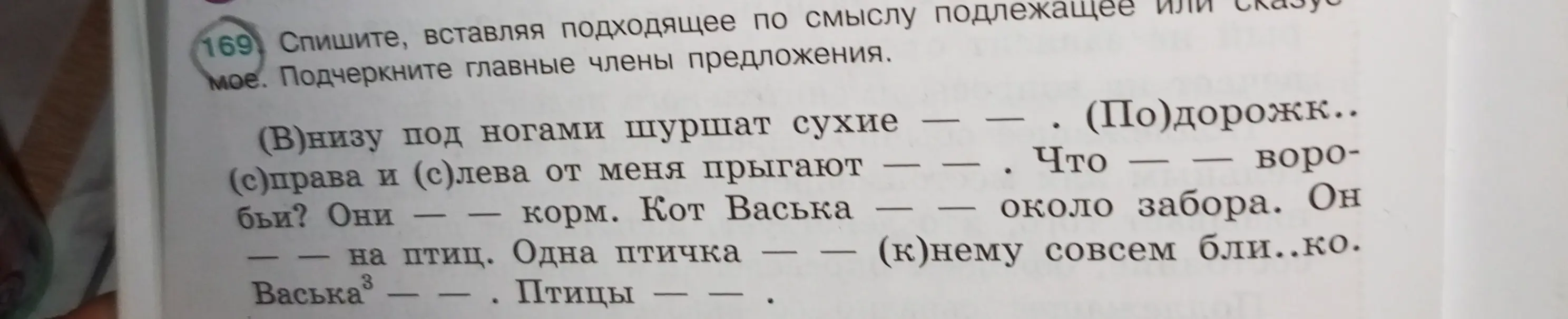 Спиши, вставляя подходящее по смыслу подлежащее или сказуемое и подчеркни главные члены предложения в упражнении 169.