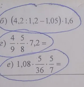 Вычисли выражения: б) $(4,2 : 1,2 - 1,05) \cdot 1,6$; г) $\frac{4}{9} \cdot \frac{5}{8} \cdot 7,2$; е) $1,08 \cdot \frac{5}{36} \cdot \frac{5}{7}$