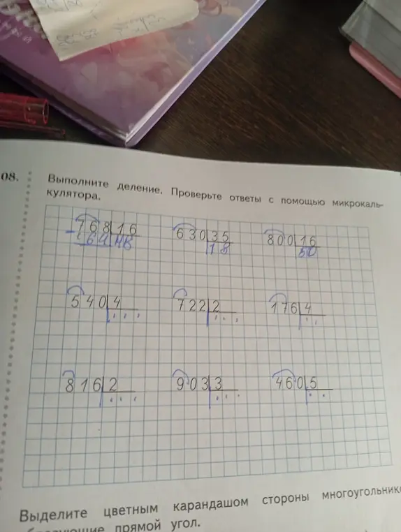Выполни деление столбиком для чисел: 76816 на 18, 63035 на 18, 80016 на 50, 5404 на 4, 7222 на 2, 1764 на 4, 8162 на 2, 9033 на 3 и 4605 на 5.