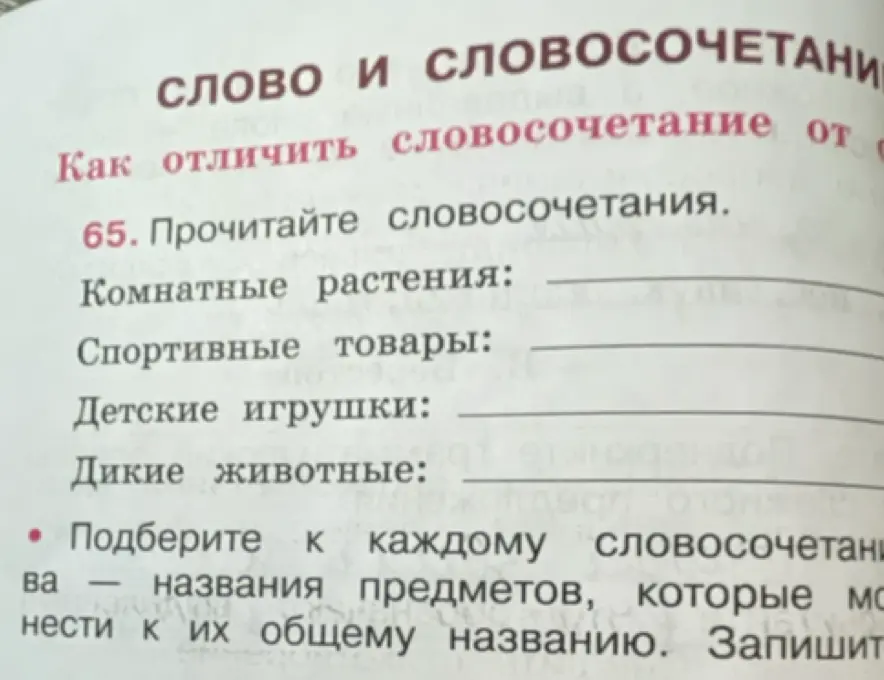 Прочитай словосочетания и подбери к каждому названия предметов, которые можно отнести к их общему названию.