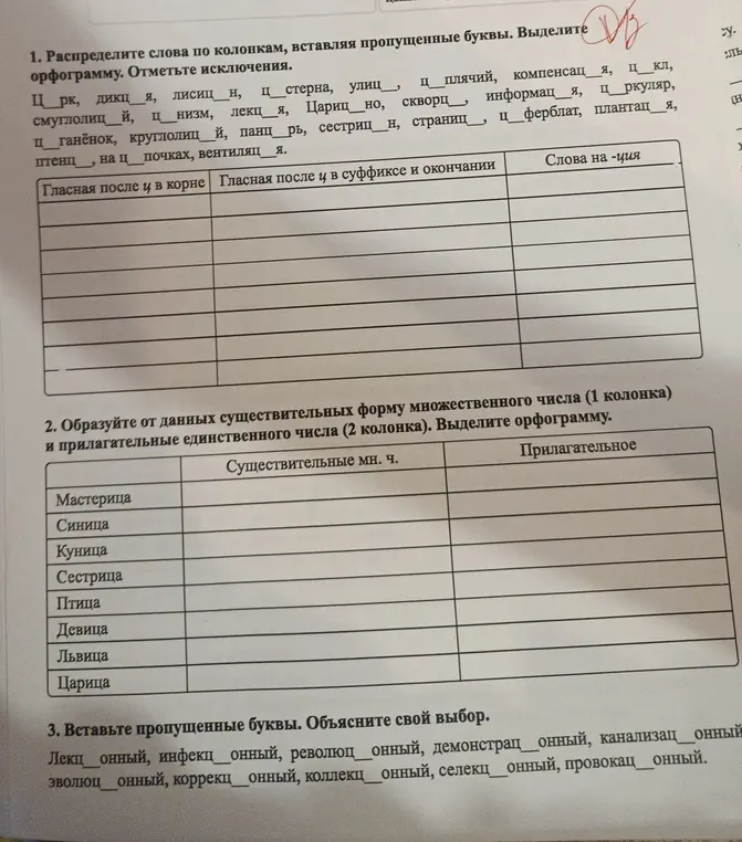 Распредели слова по колонкам, вставляя пропущенные буквы.