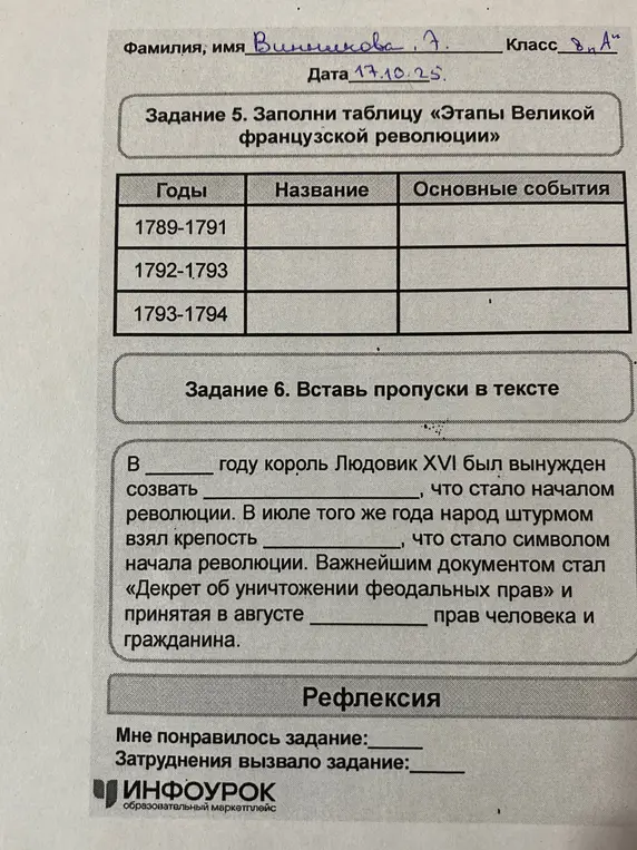 Заполни таблицу «Этапы Великой французской революции» и вставь пропуски в тексте.