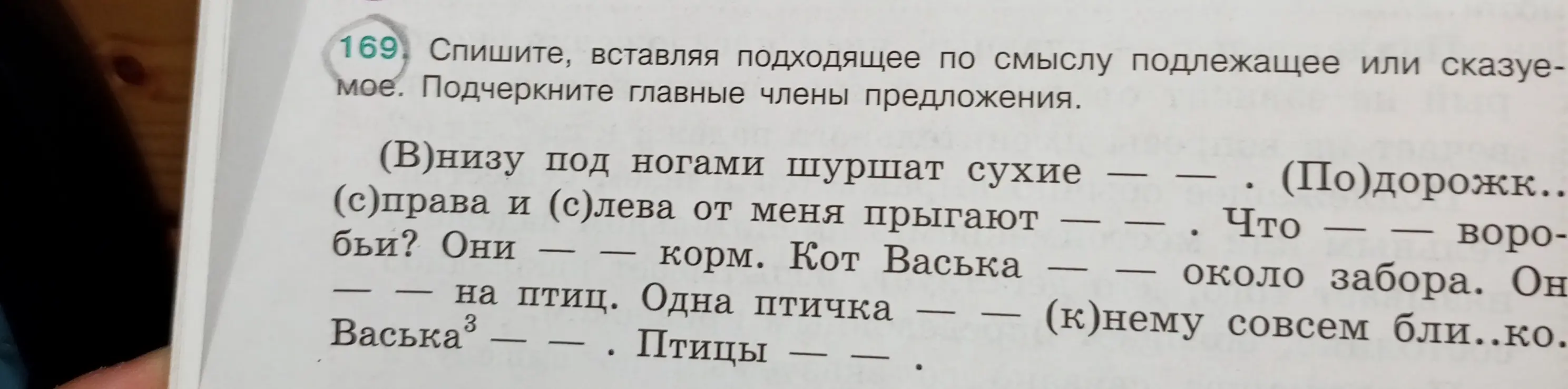 Спиши текст, вставляя подходящее по смыслу подлежащее или сказуемое. Подчеркни главные члены предложения.