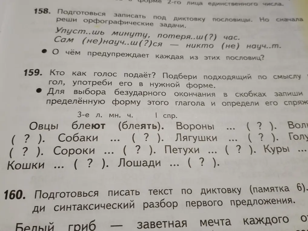 Определи форму глаголов в задании 159 и выполни синтаксический разбор первого предложения в задании 160.