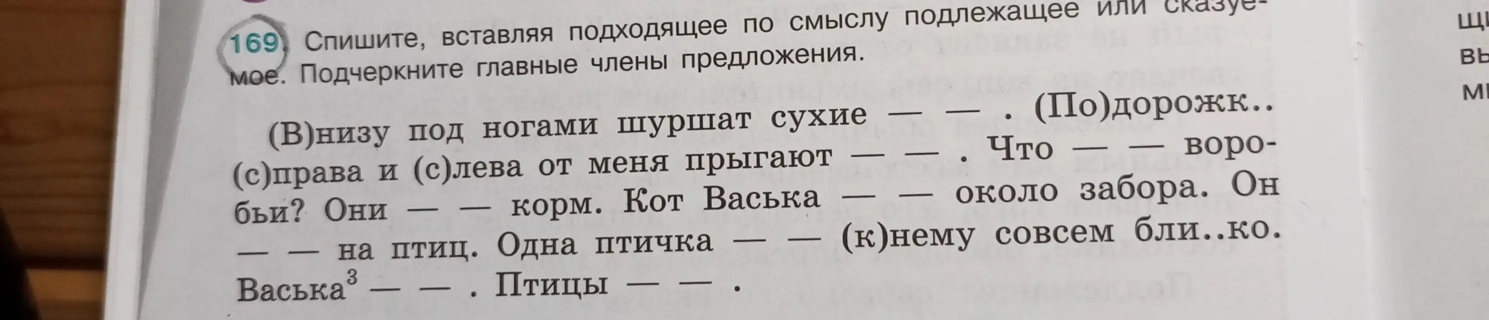 Спиши, вставляя подходящее по смыслу подлежащее или сказуемое. Подчеркни главные члены предложения.