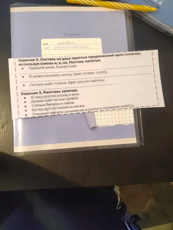 Составь из двух простых предложений одно сложное, используя союзы и, а, но. Поставь запятые; Расставь запятые.