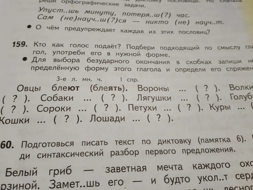 Выполни упражнение 159: подбери подходящий по смыслу глагол, употреби его в нужной форме. Выполни синтаксический разбор первого предложения в упражнении 60.