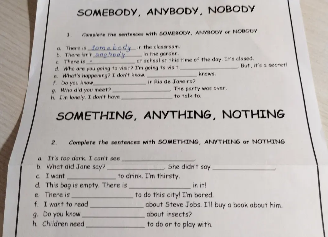 Заполни предложения словами SOMEBODY, ANYBODY, NOBODY и SOMETHING, ANYTHING, NOTHING.