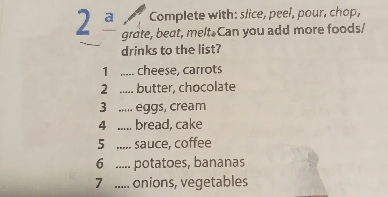 Дополни фразами: slice, peel, pour, chop, grate, beat, melt список продуктов и напитков.