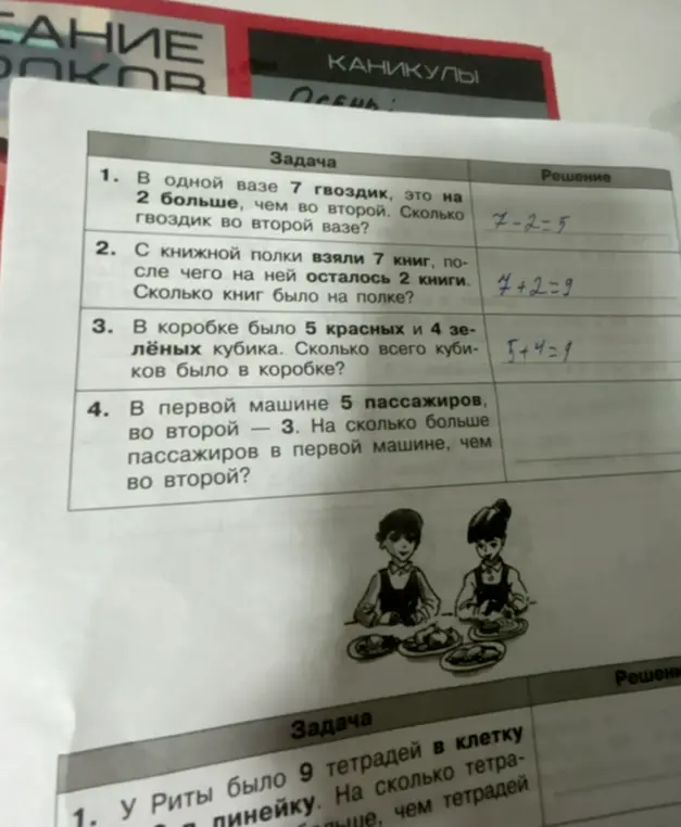 Реши задачи: 1. Сколько гвоздик во второй вазе, если в первой 7 и это на 2 больше, чем во второй?