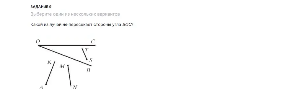 Определи, какой из лучей не пересекает стороны угла BOC.