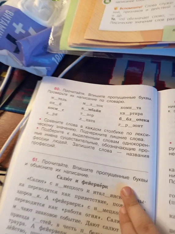 Впиши пропущенные буквы в слова, проверь написание по словарю, заполни пропуски в тексте про салют и фейерверк.