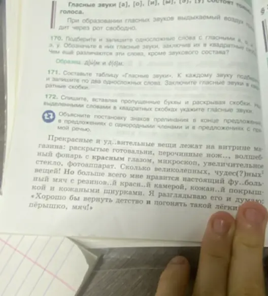 Спиши, вставляя пропущенные буквы и раскрывая скобки. Над выделенными словами в квадратных скобках укажи гласные звуки