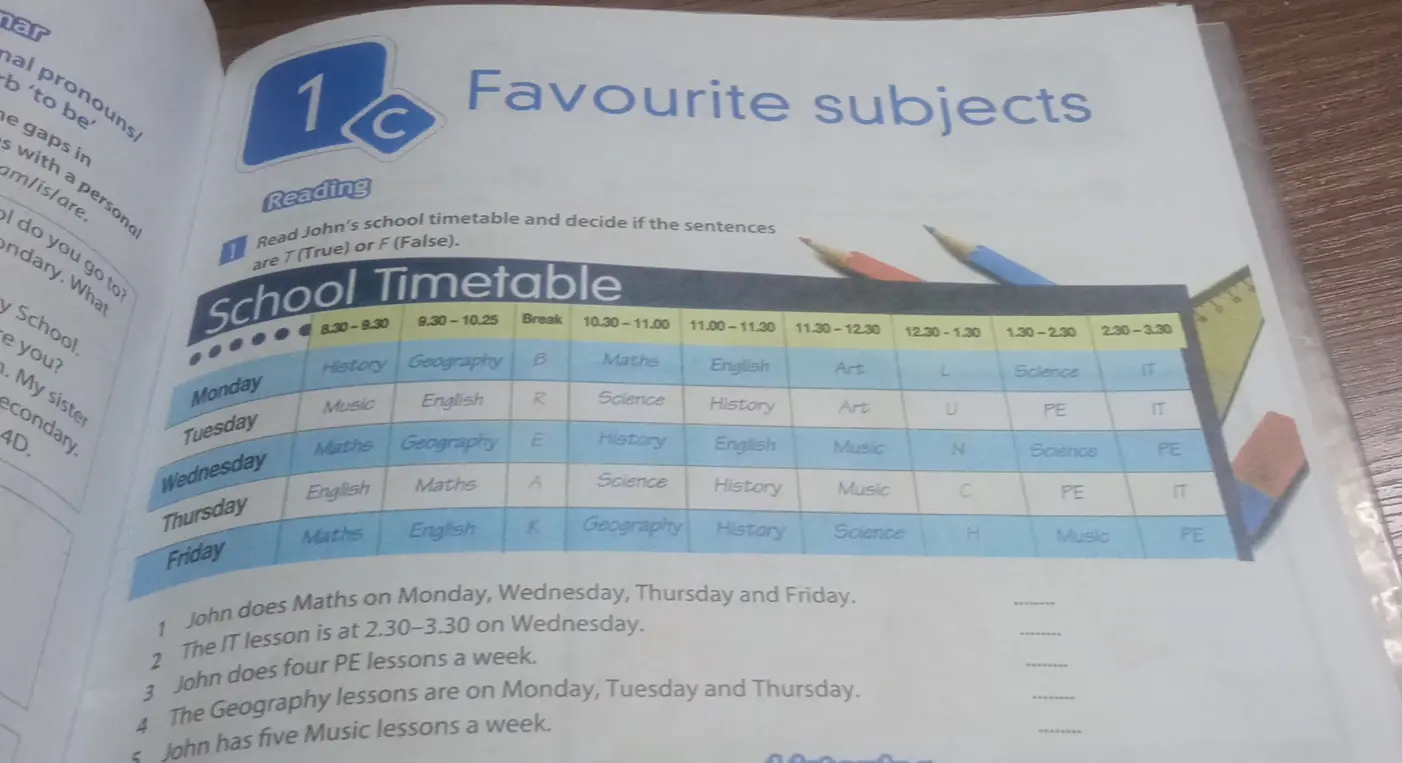 Read John's school timetable and decide if the sentences are true or false.