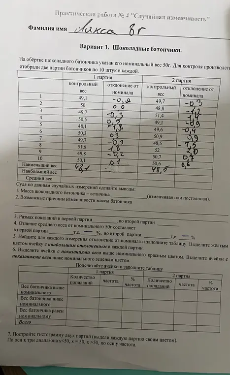 Выполни практическую работу № 4 "Случайная изменчивость" Вариант 1 про шоколадные батончики.